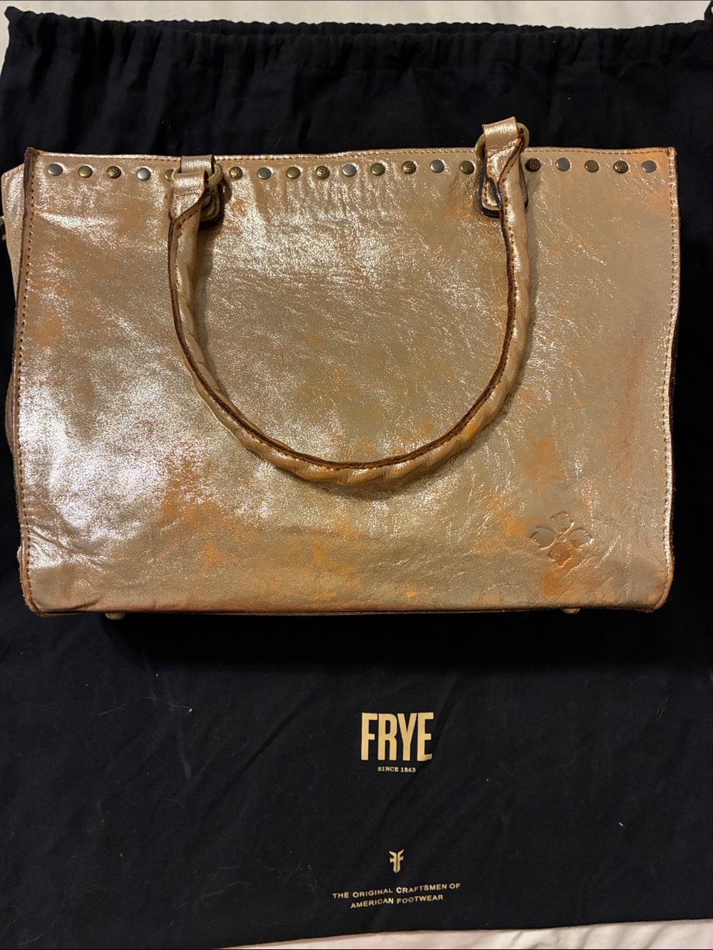 FRYE Metallic Gold Leather Tote with Stud Trim